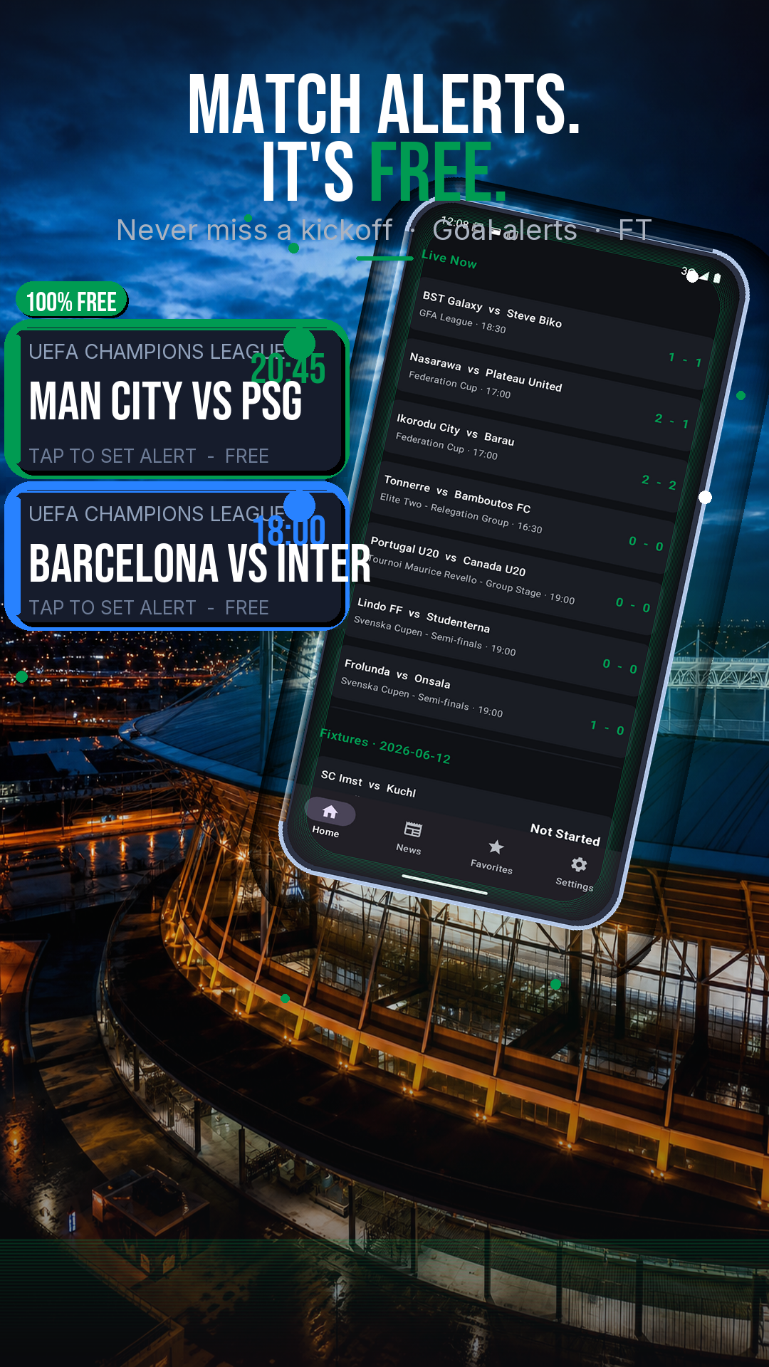 Free match alerts for kickoff and goals